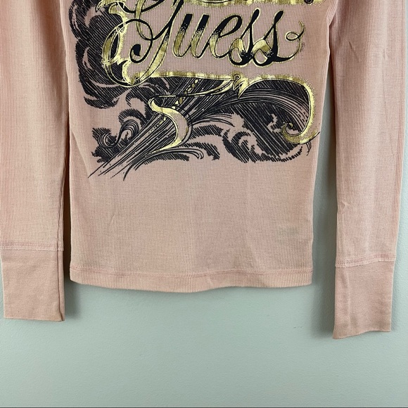 GUESS Vintage Y2K Light Baby Pink Gold Floral Fitted Graphic Long Sleeve Top - Picture 4 of 8